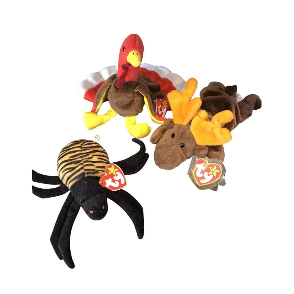 Lot Of 3 TY GOBBLERS Turkeyโ SPINNER Spider CHoCOLATE Moose 5-6" Plush